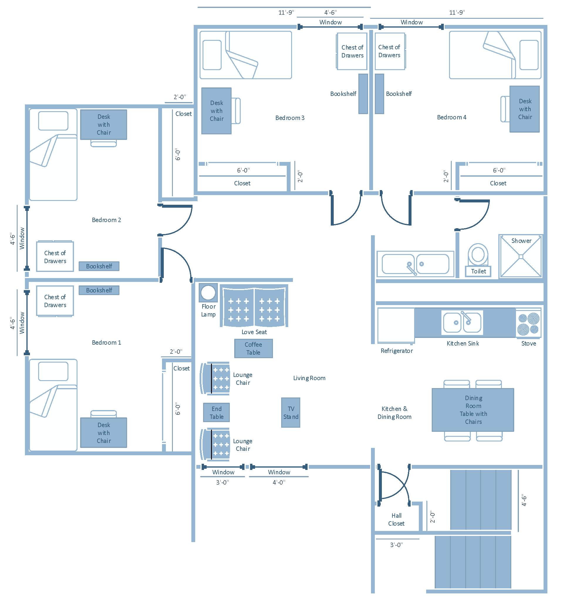 diagram of typical four bedroom apartment layout
