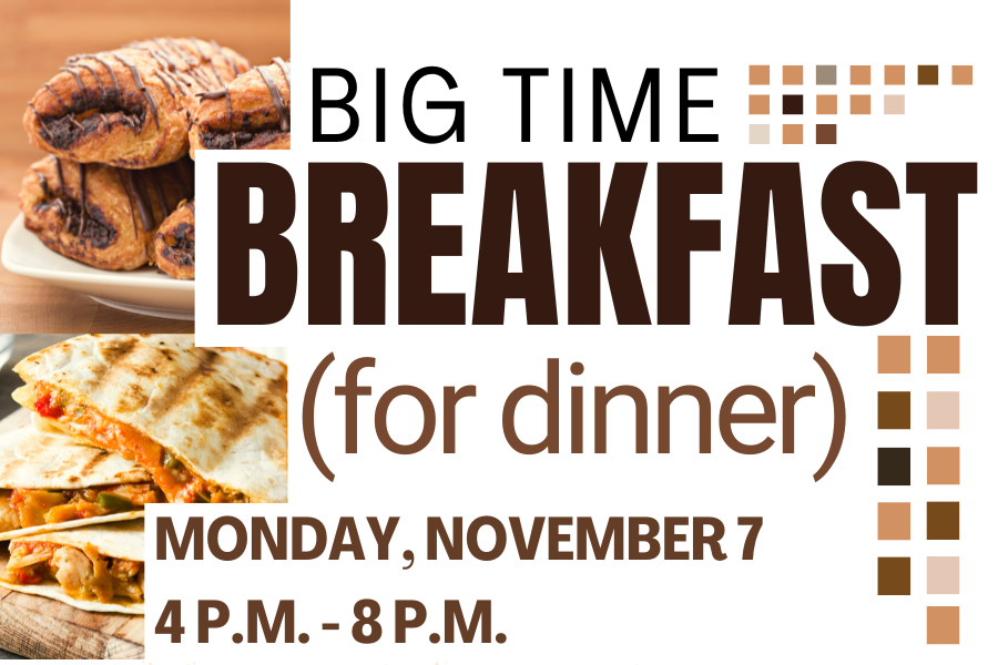 Image depicting our Breakfast for Dinner sign in brown and white colors. Click on the image to open the link to our information and menu page