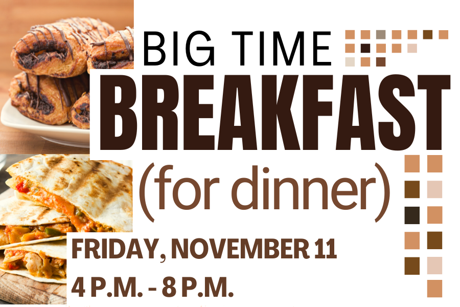 Image depicting our Breakfast for Dinner sign in brown and white colors. Click on the image to open the link to our information and menu page