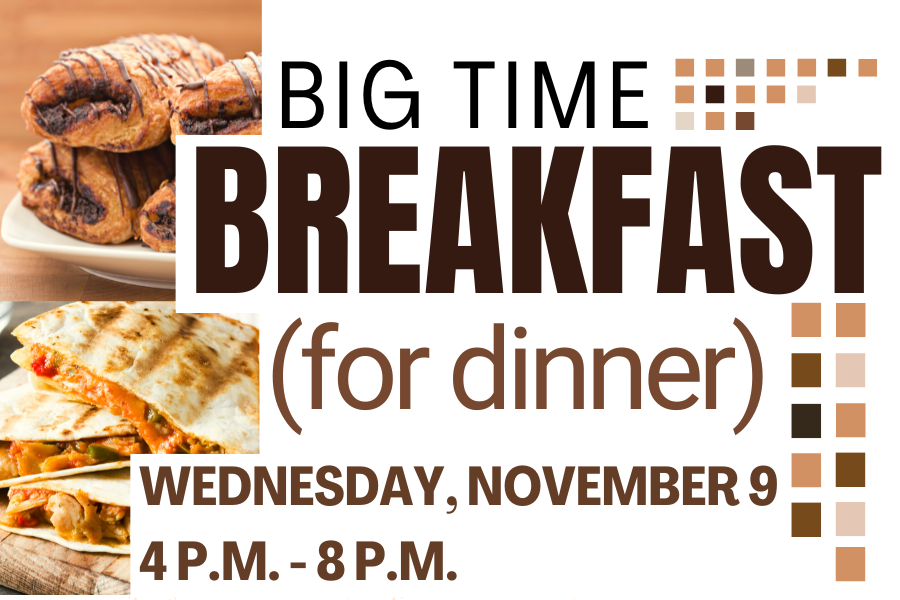 Image depicting our Breakfast for Dinner sign in brown and white colors. Click on the image to open the link to our information and menu page