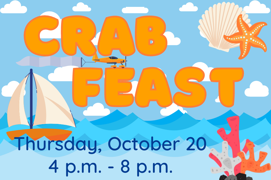 Image depicting our Crab Fest sign in orange and blue colors. Click on the image to open the link to our information and menu pages