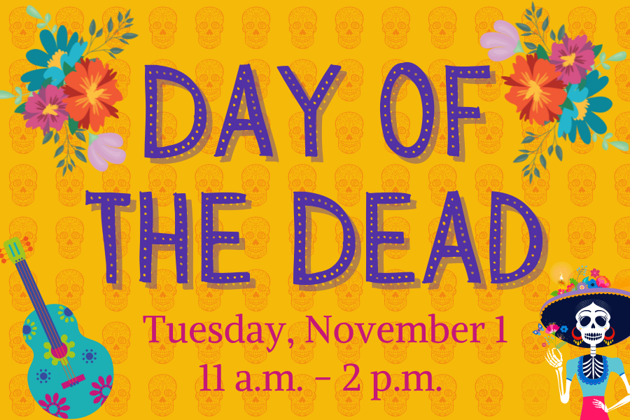 Image depicting our Day of the Dead Festival sign in purple and yellow colors. Click on the image to open the link to our information and menu page