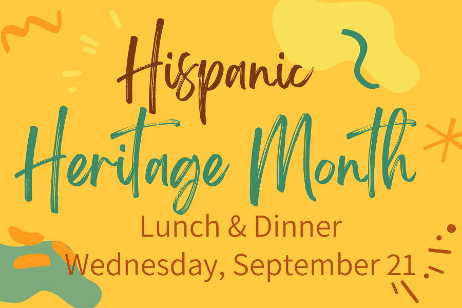 Image depicting our Hispanic Heritage Meals sign in blue and yellow colors. Click on the image to open the link to our information and menu page