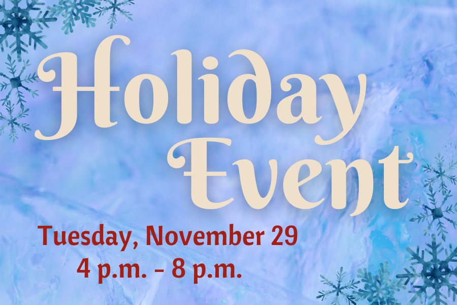 Image depicting our Holiday Event sign in blue and white colors. Click on the image to open the link to our information and menu page.