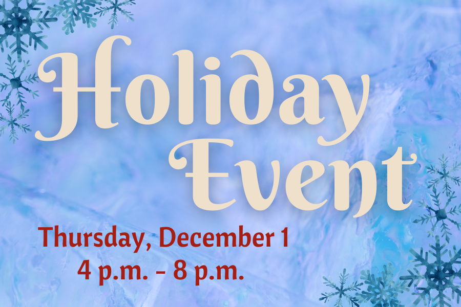 Image depicting our Holiday Event sign in blue and white colors. Click on the image to open the link to our information and menu page.