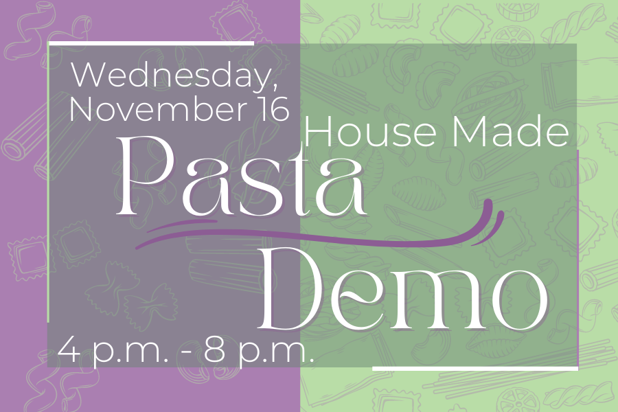 Image depicting our House Made Pasta sign in green and purple colors. Click on the image to open the link to our information and menu page
