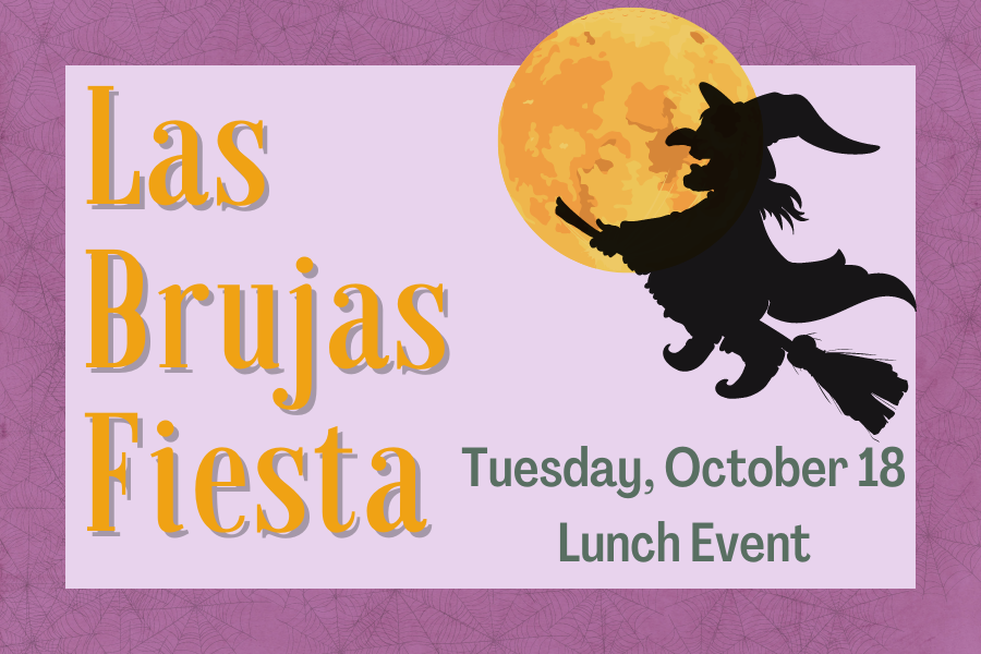 Image depicting our Brujas Fiesta sign in orange and purple colors. Click on the image to open the link to our information and menu page