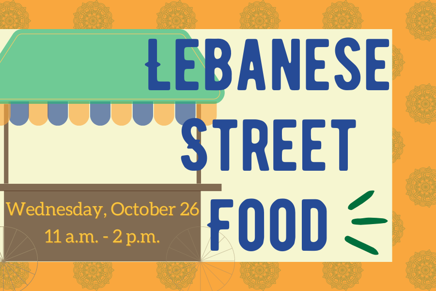 Image depicting our Lebanese Street Food sign in orange and blue colors. Click on the image to open the link to our information and menu pages