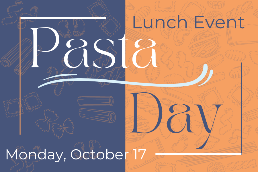 Image depicting our Custom Pasta Lunch sign in blue and salmon colors. Click on the image to open the link to our information and menu page
