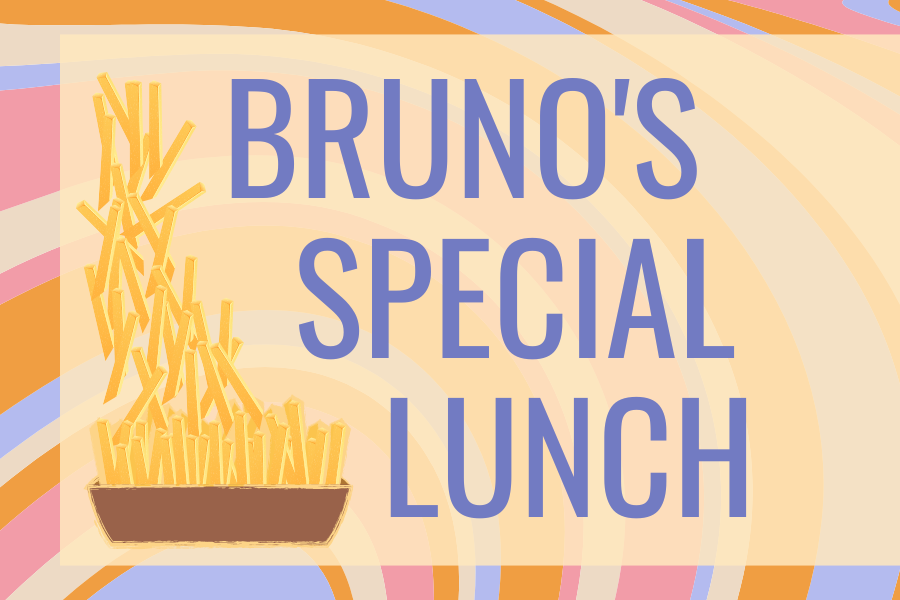 Image depicting our Bruno's Special Lunch sign in orange and purple colors. Click on the image to open the link to our event information page.