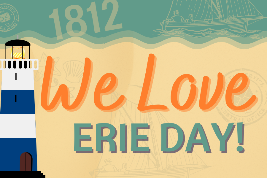 Image depicting our We Love Erie Day event sign in blue and orange colors. Click on the image to open the link to our event information page. 