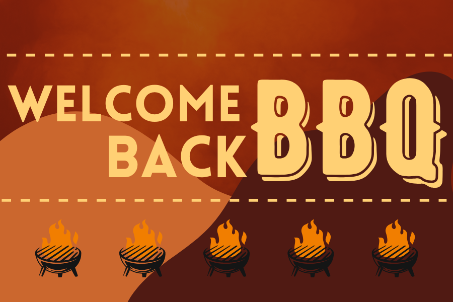 Image depicting our Welcome Back BBQ sign in orange and brown colors. Click on the image to open the link to our event information page.