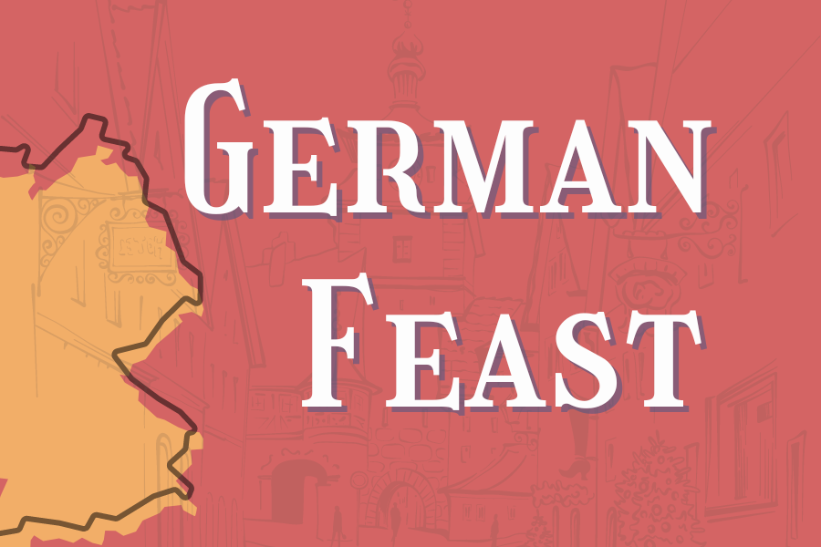 Image depicting our German Feast sign in red and yellow colors. Click on the image to open the link to the special event webpage.
