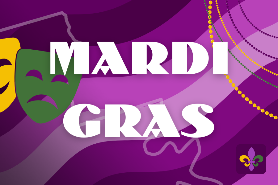 Image depicting our Mardi Gras sign in purple and white colors. Click on the image to open the link to the special event webpage.