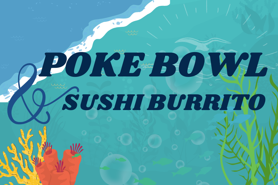 Image depicting our Poke Bowl & Sushi Burrito sign in blue and green colors. Click on the image to open the link to the special event webpage.