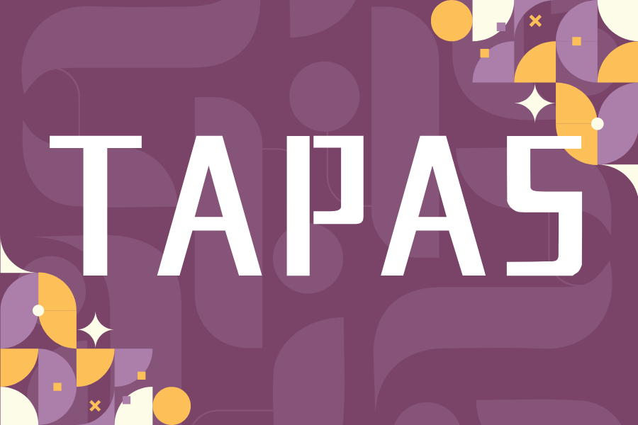 Image depicting our Tapas sign in purple and white colors. Click on the image to open the link to the special event webpage.