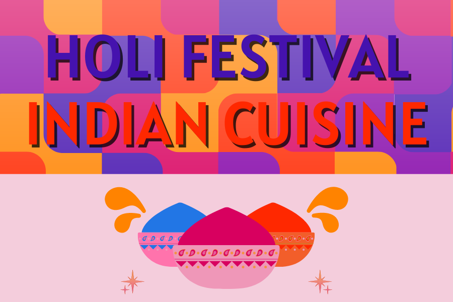 Image depicting our Holi Festival Indian Cuisine sign in pink and orange colors. Click on the image to open the link to our special event webpage. 