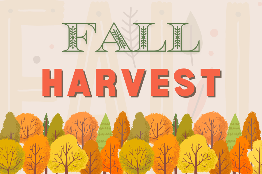 Image depicting our Fall Harvest signage in orange and green colors. Click on the image to open the link to our special event webpage.