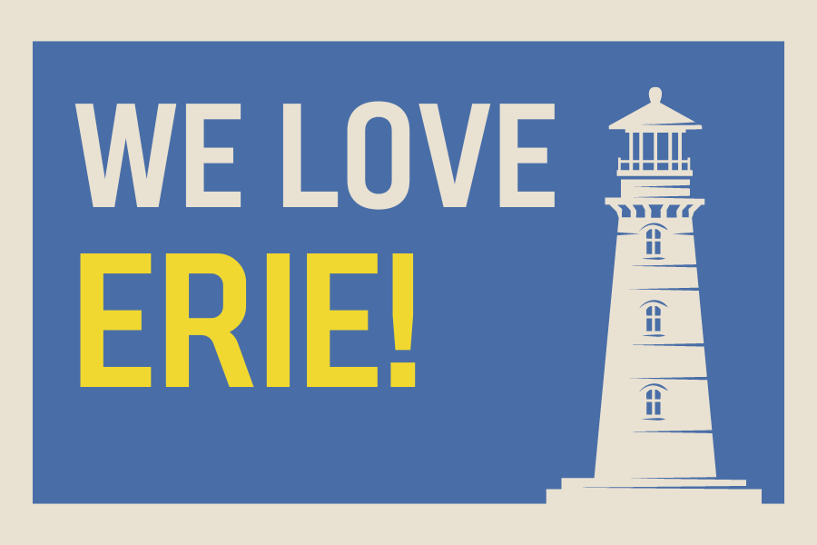 Image depicting our We Love Erie Day signage in blue and yellow colors. Click on the image to open the link to our special event webpage.
