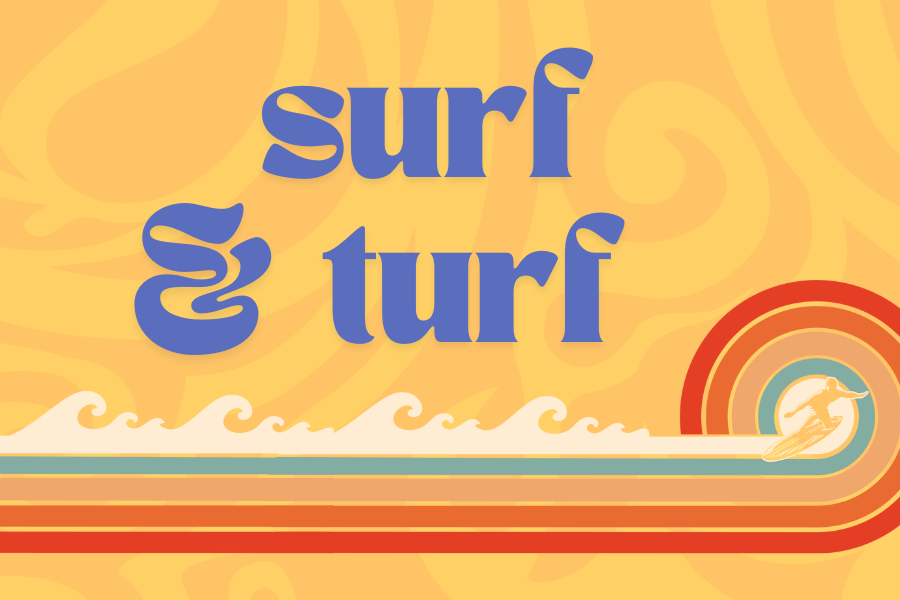 Image depicting our Surf & Turf signage in yellow and orange colors. Click on the image to open the link to our special event webpage.