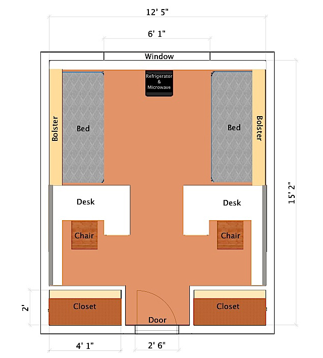diagram of typical double room layout with two beds, two desks, two chairs and two closets