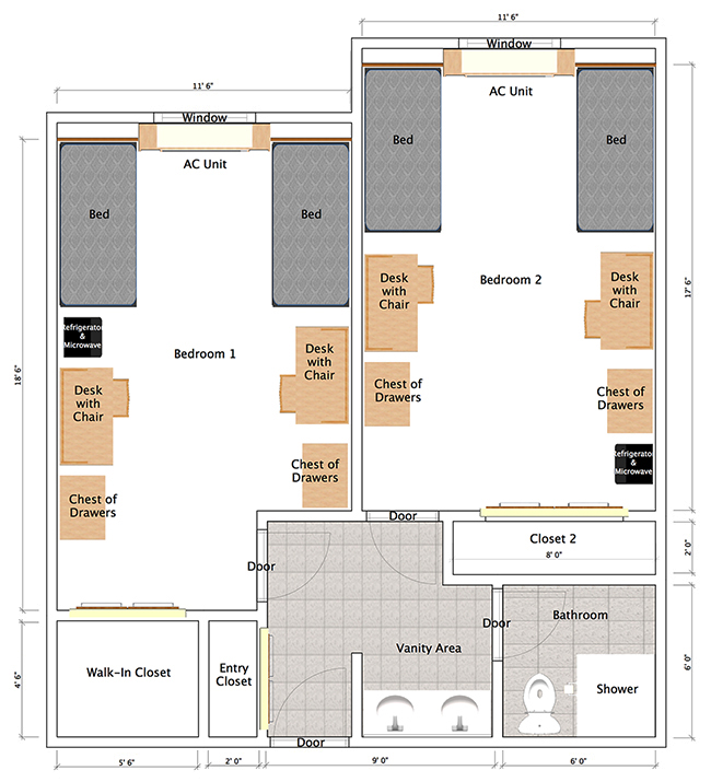 diagram of typical suite layout with desks, beds, closets and bathroom