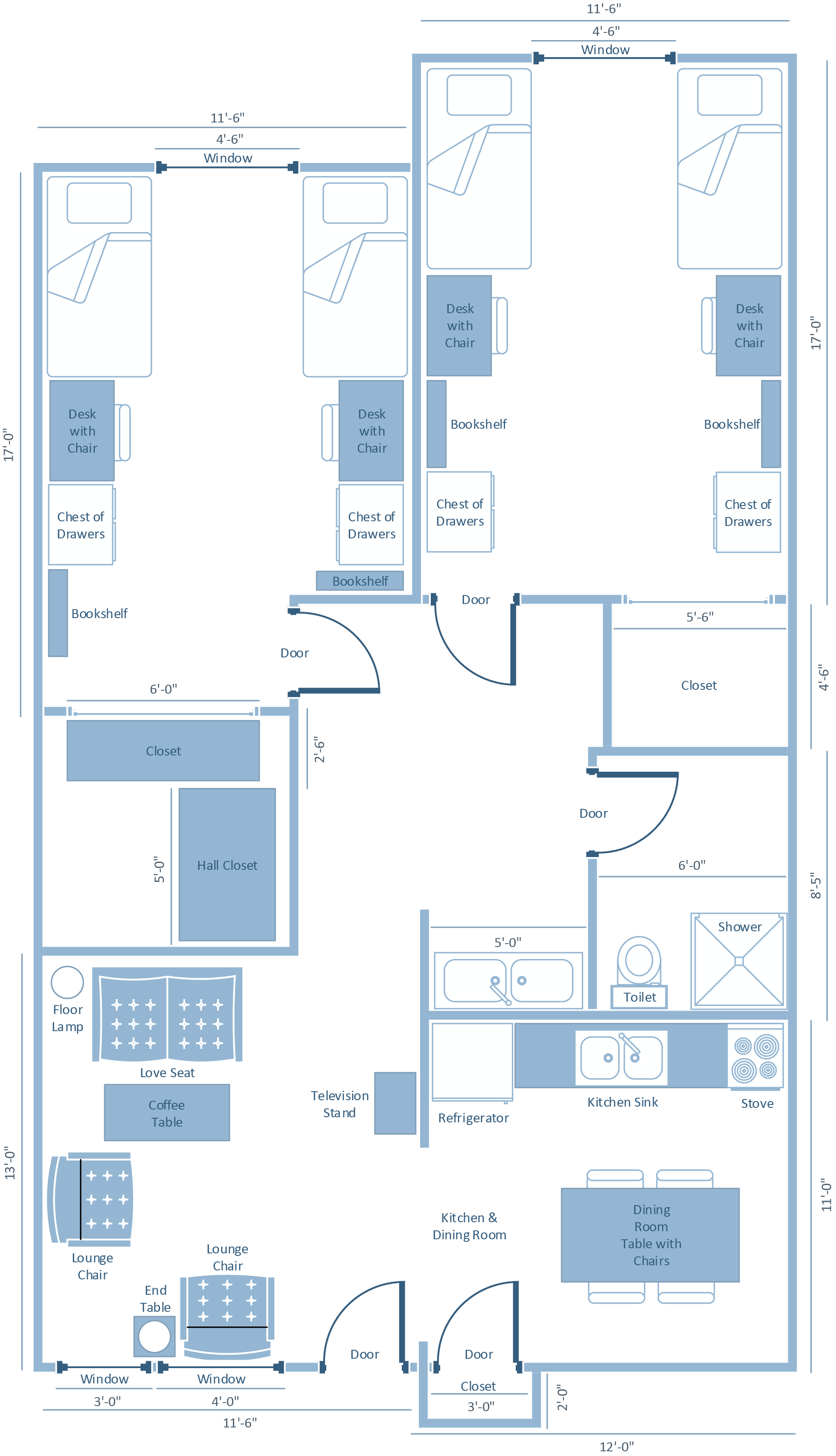 diagram of typical two bedroom apartment layout