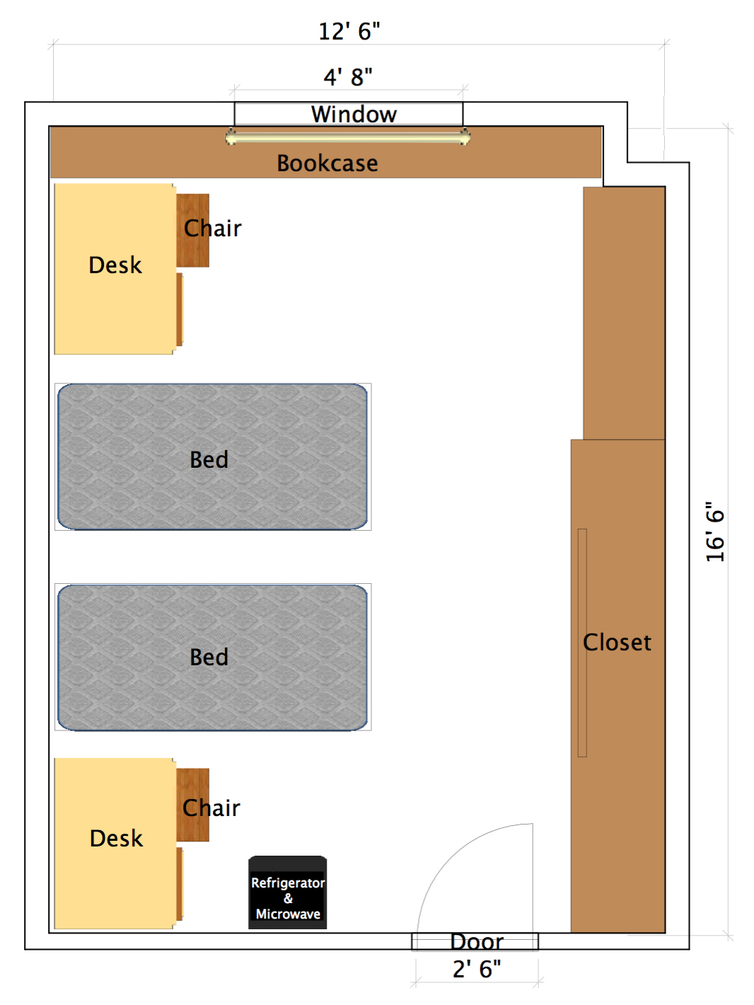 diagram of typical double room layout with desks, beds, and closets