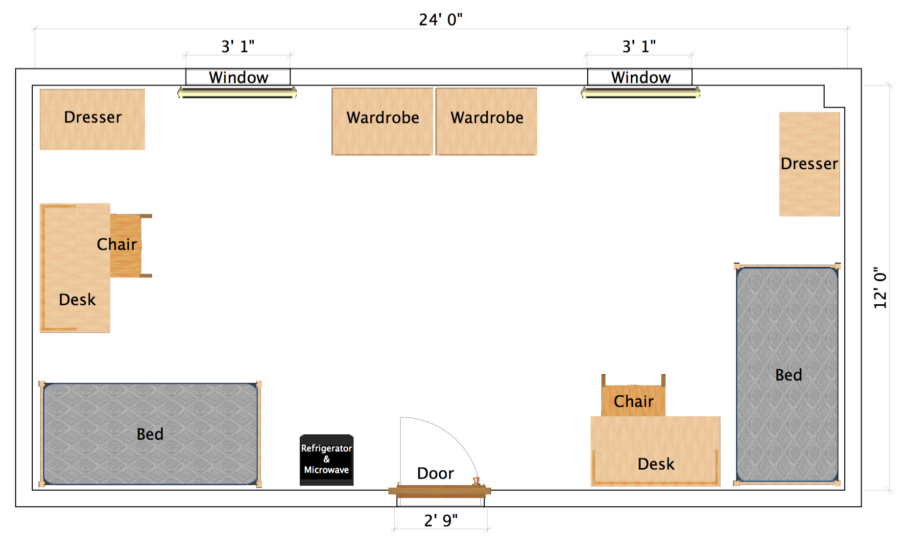 diagram of typical double room layout with desks, beds, dressers and wardrobes