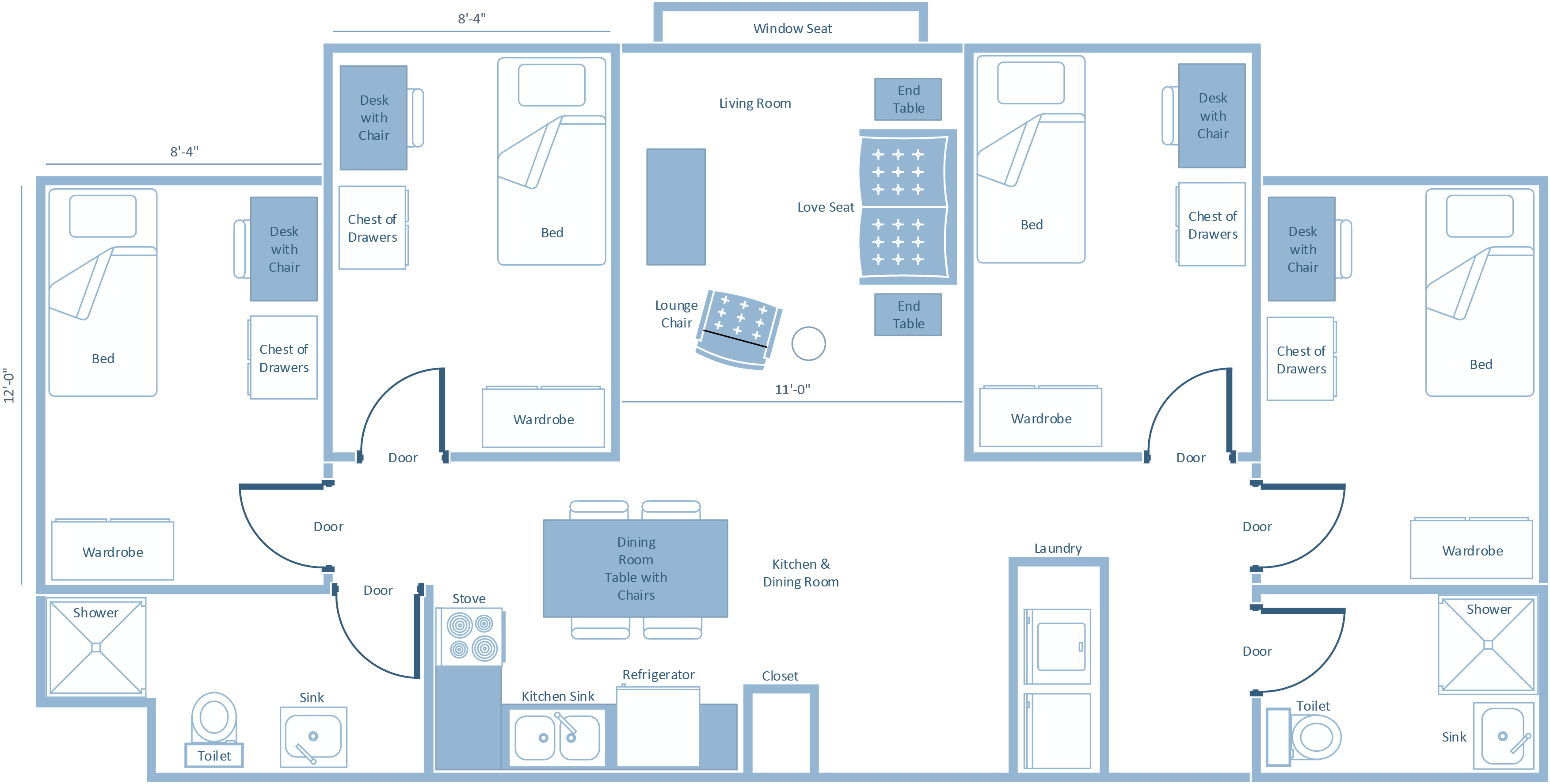 diagram of typical 4 bedroom apartment layout