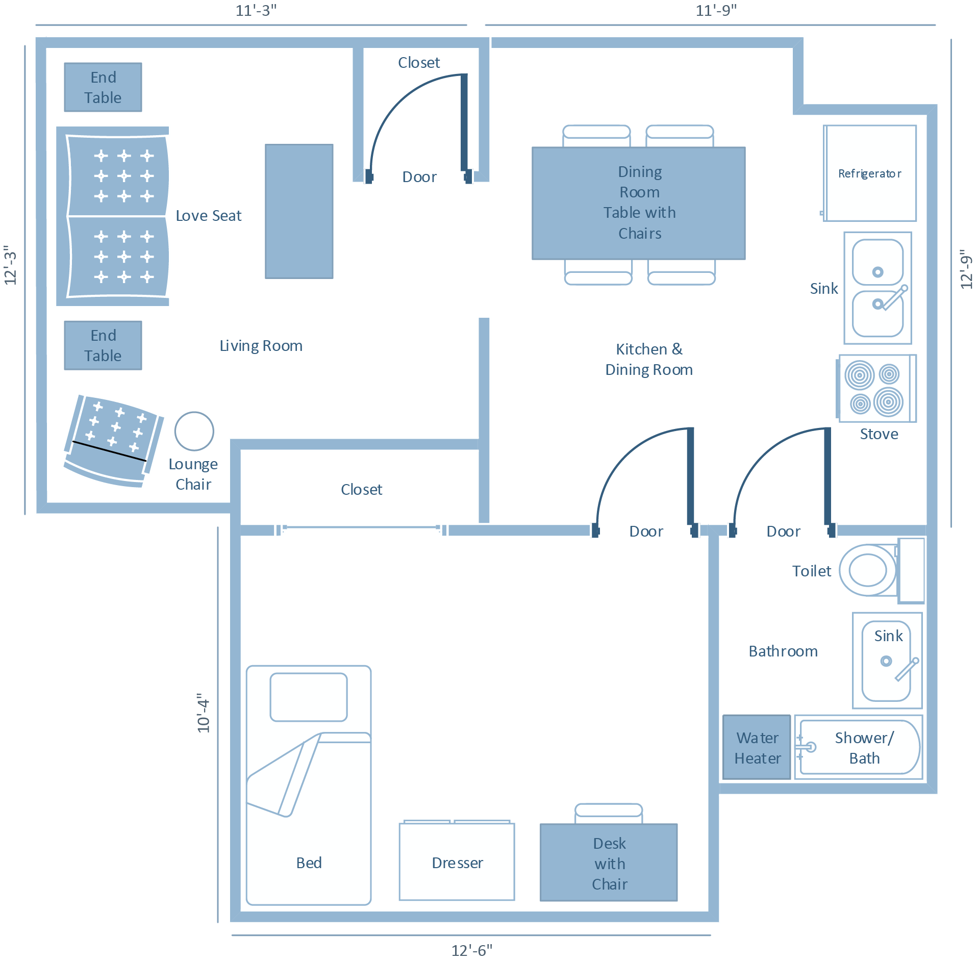 diagram of typical one bedroom apartment layout