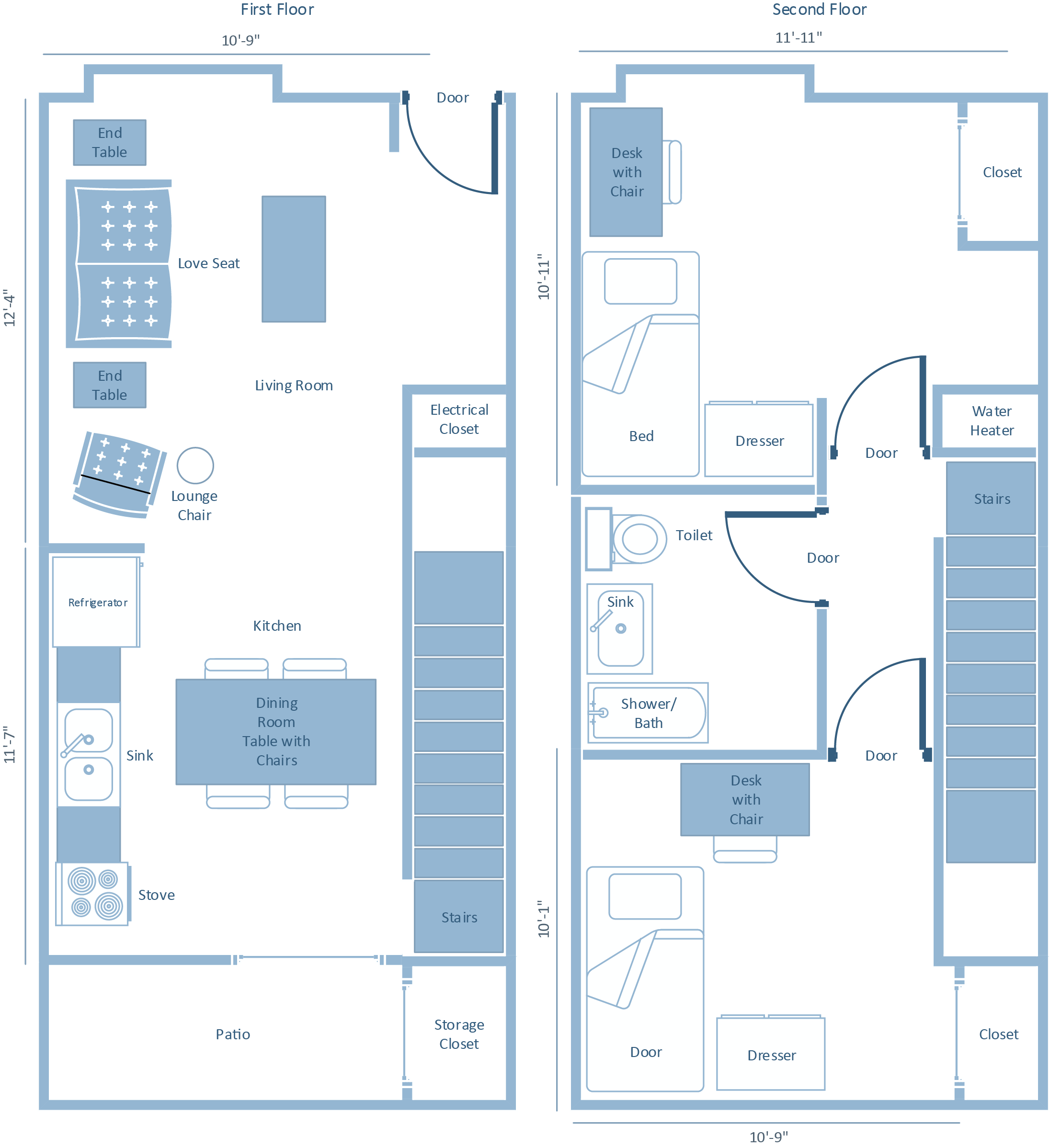 diagram of typical two bedroom townhouse apartment layout