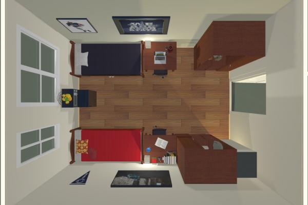 3D rendering Orchard Hall double room - overhead view