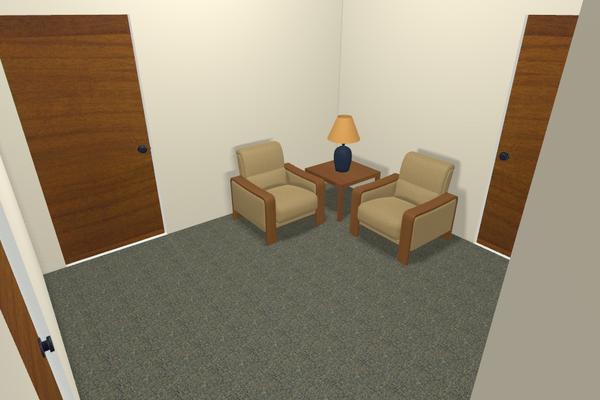 eye level view of common room with two sitting chairs