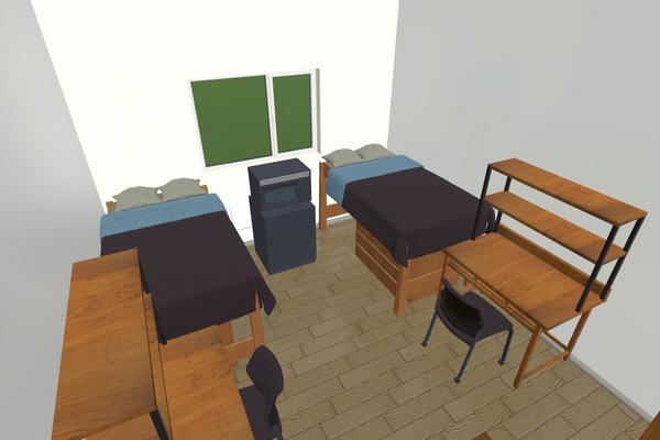 aerial view showing location of beds, desk, windows and fridge