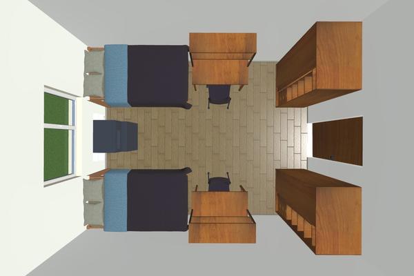 overhead view of double room showing placement of beds, desks, closet, door and window