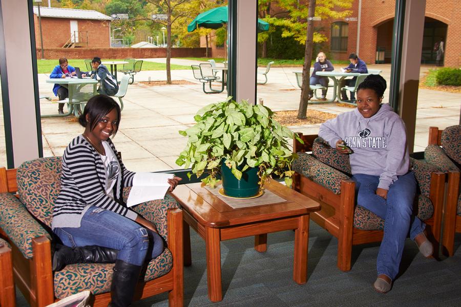 Two students sitting in Cedar lounge overlooking the outside patio