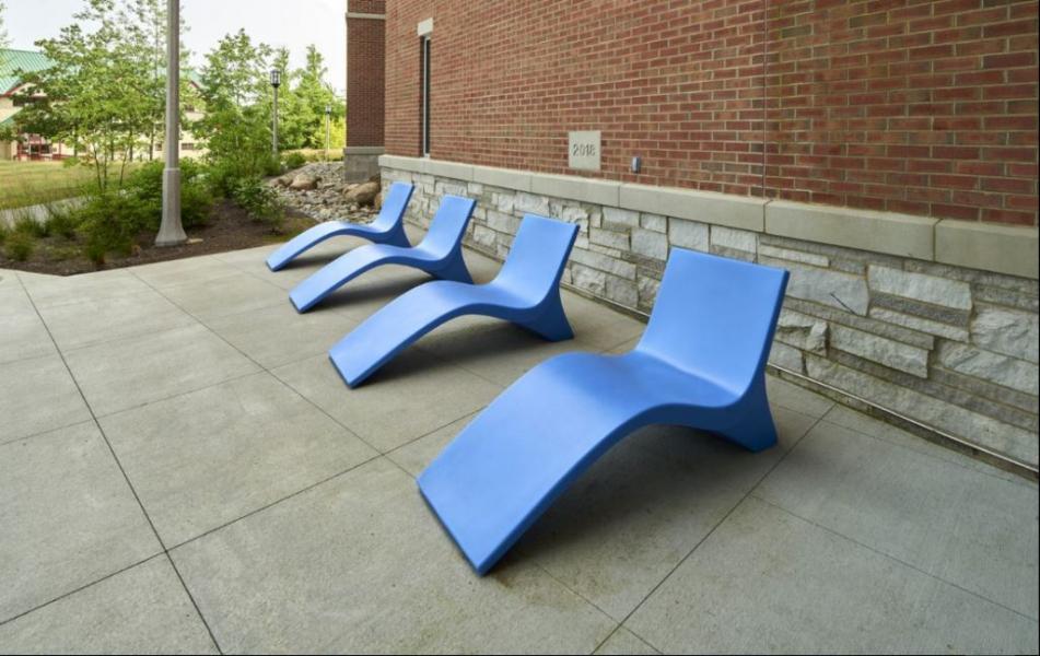 Blue Lounge Chairs outside Trippe Halle