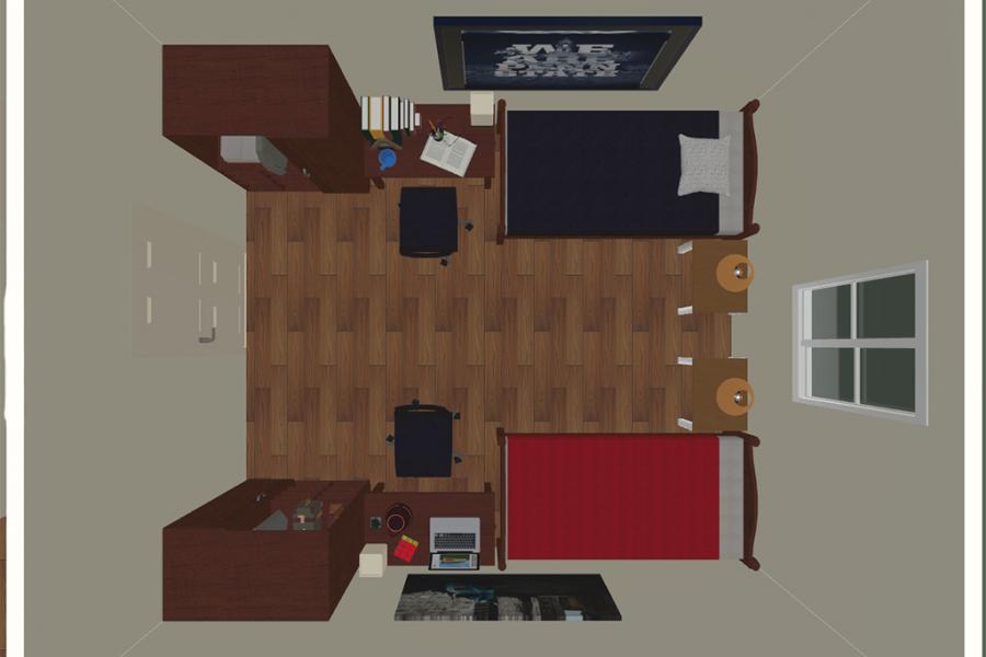 3D rendering of Lions Gate double room - overhead view