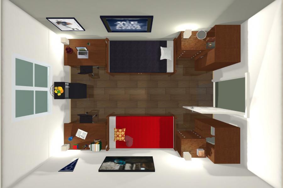3D rendering of McKeesport Hall double room - overhead