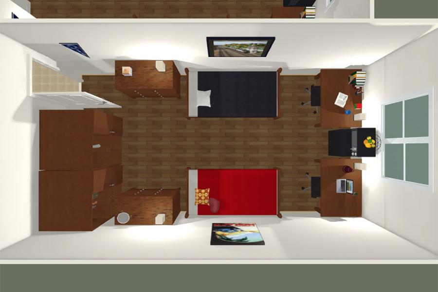 3D rendering of double room in North Hall - overhead view
