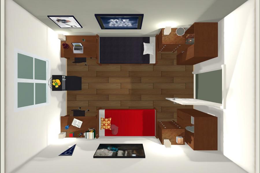 3D rendering of South Hall double room - overhead view