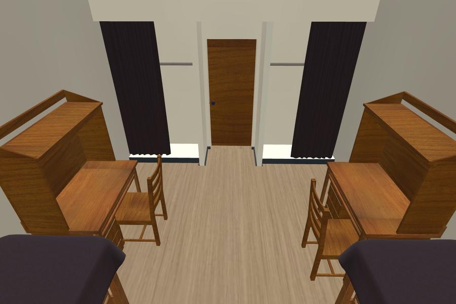 rendering of typical double room layout with beds, desks, closets and door from exterior wall