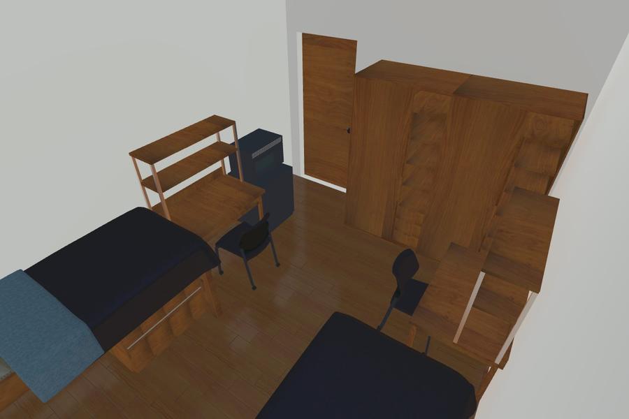 aerial view of beds, desks, closets and door from exterior wall