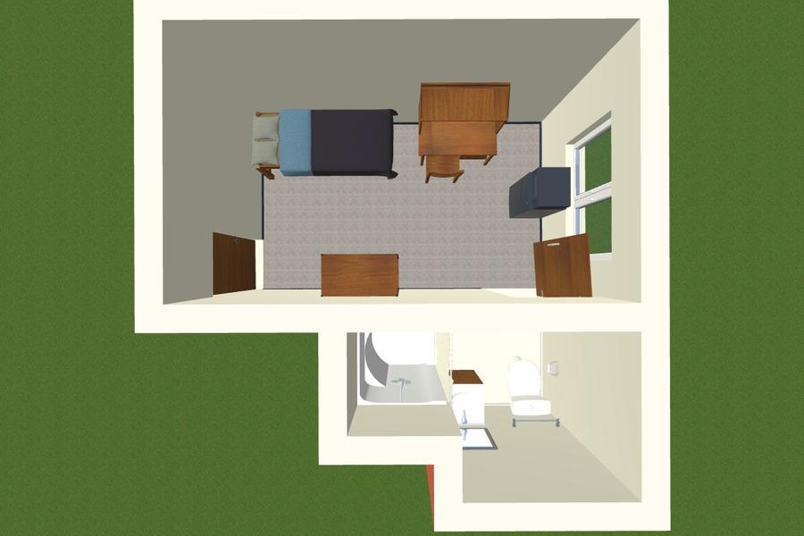 Overhead room diagram showing layout of bed, desk, dresser and bathroom