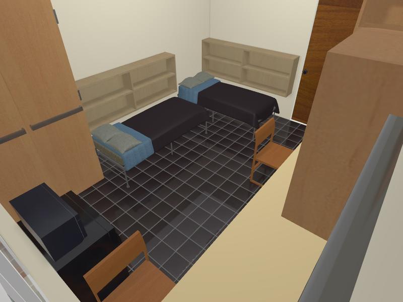 sample room diagram view from exterior wall with two beds, desks, two chairs, and two closets