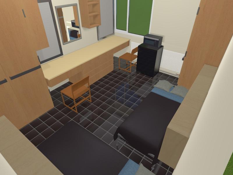 sample room diagram view from interior wall with two beds, desks, two chairs, and two closets
