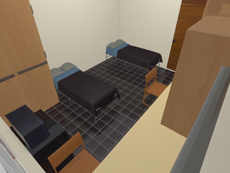 rendering of typical double room layout with beds, desk and closet from exterior wall