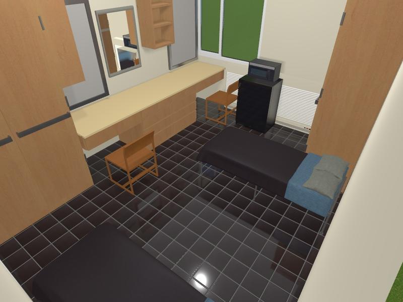rendering of typical double room layout with beds, desk and closet from interior wall