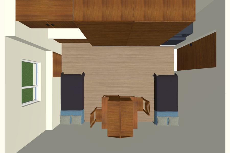 Overhead room diagram showing layout of beds, desks, dressers and door